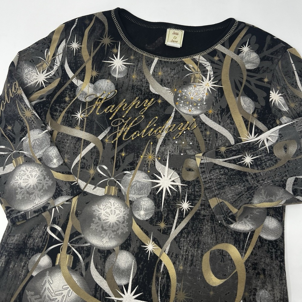 Jess & Jane Womens Small Happy Holidays Top Shirt Metallic Rhinestone Artsy